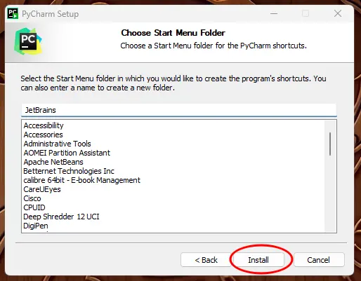pycharm choose start menu folder and install button