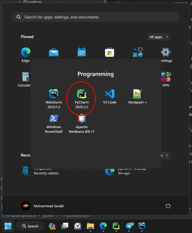 pycharm icon in the start menu