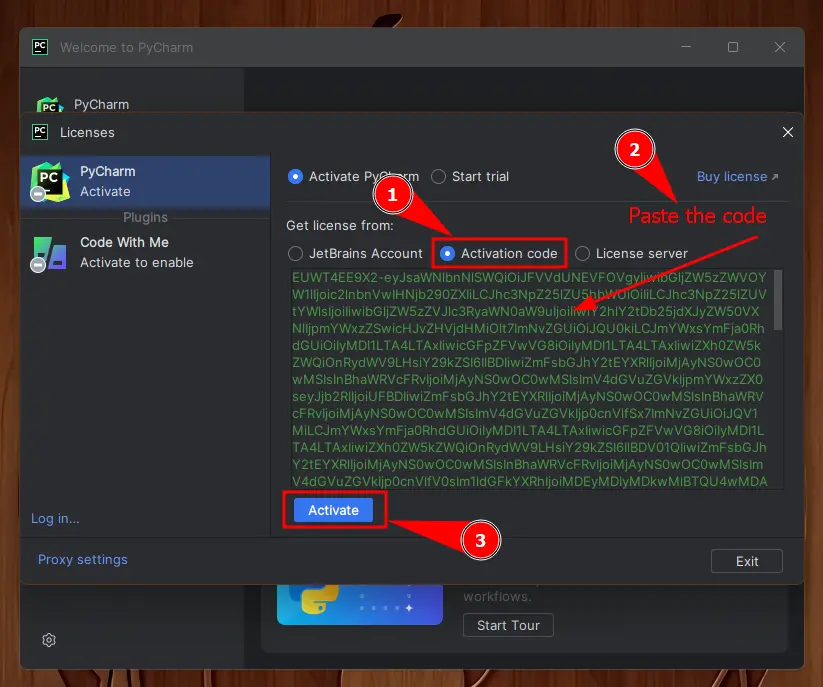 pycharm pasting activation code